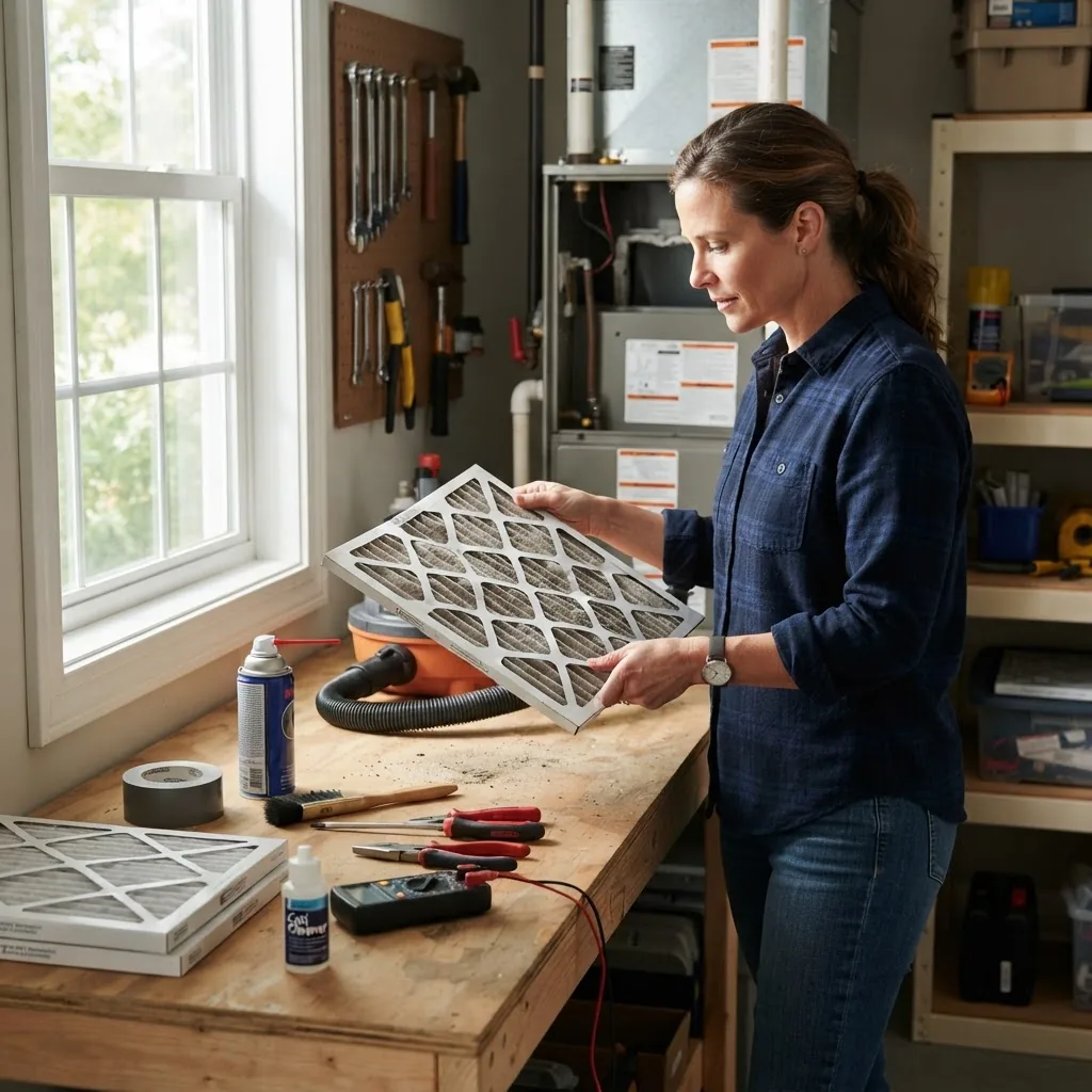 a homeowner inspecting and cleaning an indoor HVAC air filter during daytime, with natural light through a window, surrounded by neat tools