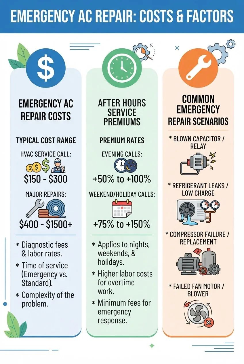 has three columns titled “Emergency AC Repair Costs,” “After Hours Service Premiums,” and “Common Emergency Repair Scenarios.” Each column