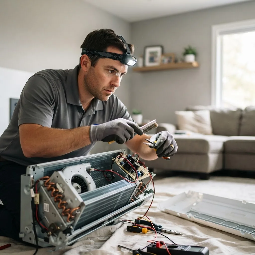 A close-up photo of a professional HVAC technician inspecting and repairing an indoor air conditioning unit in a residential home, showing