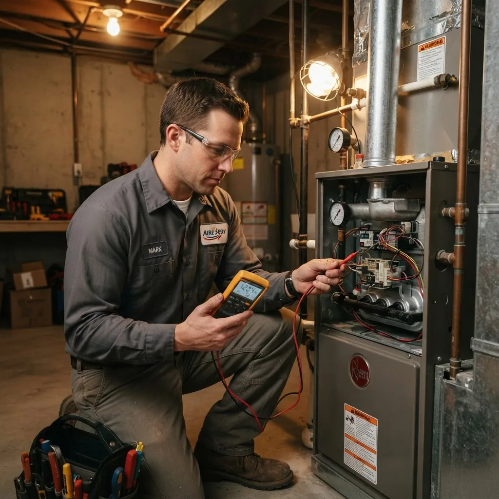 A mid-shot image of a certified HVAC technician diagnosing a gas furnace in a basement utility room, using a digital diagnostic meter, with