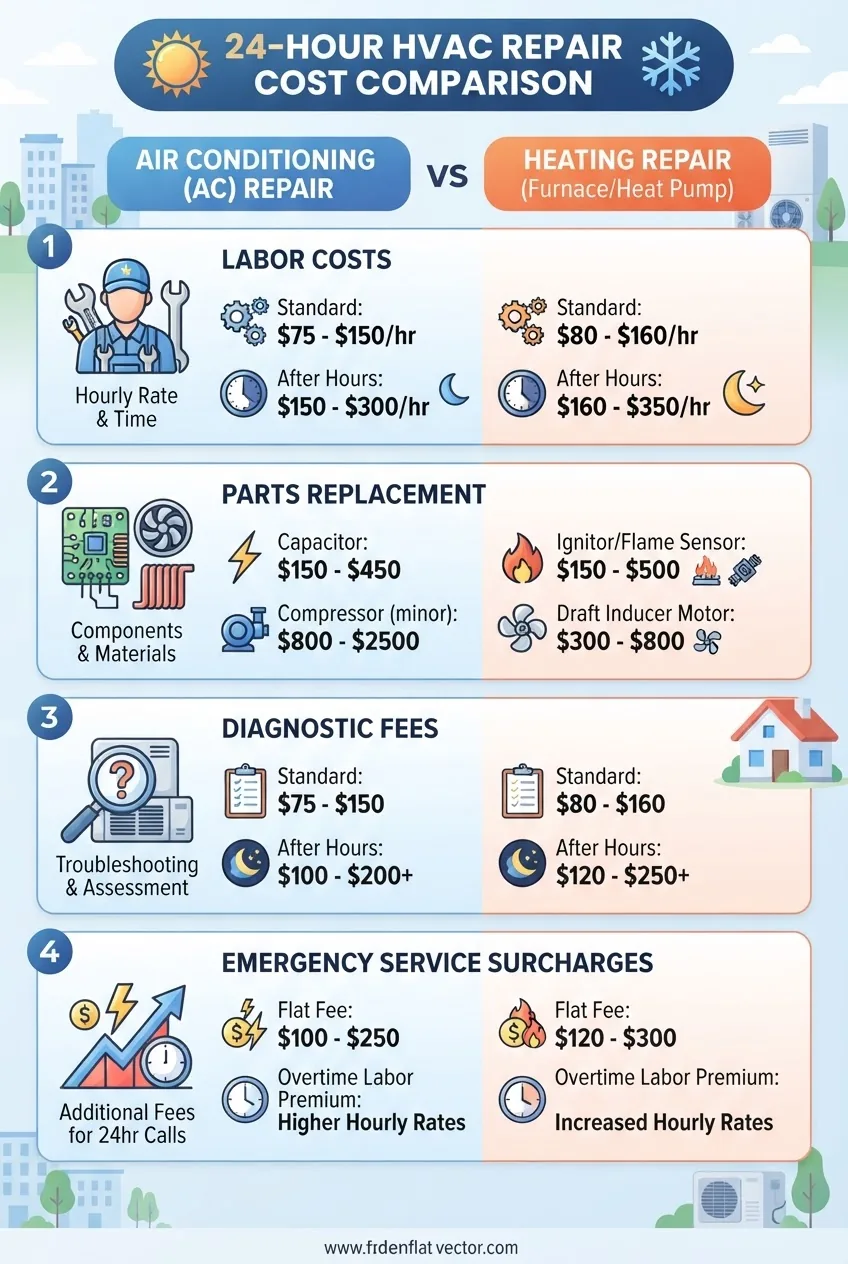 a detailed cost comparison breakdown for 24 hour air conditioning vs heating repair, divided into sections for labor costs, parts