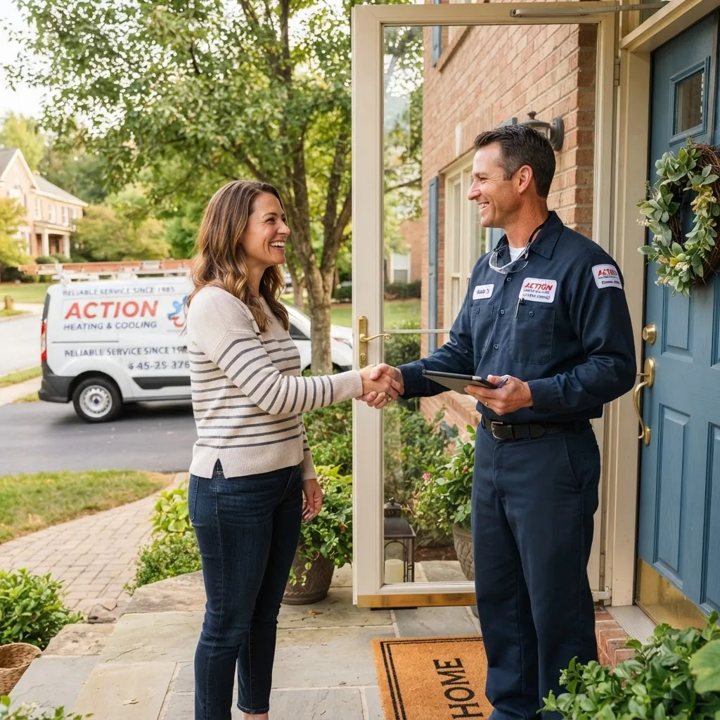 a happy homeowner shaking hands with a uniformed HVAC technician at a front door, emphasizing trust, professionalism, and reliable home