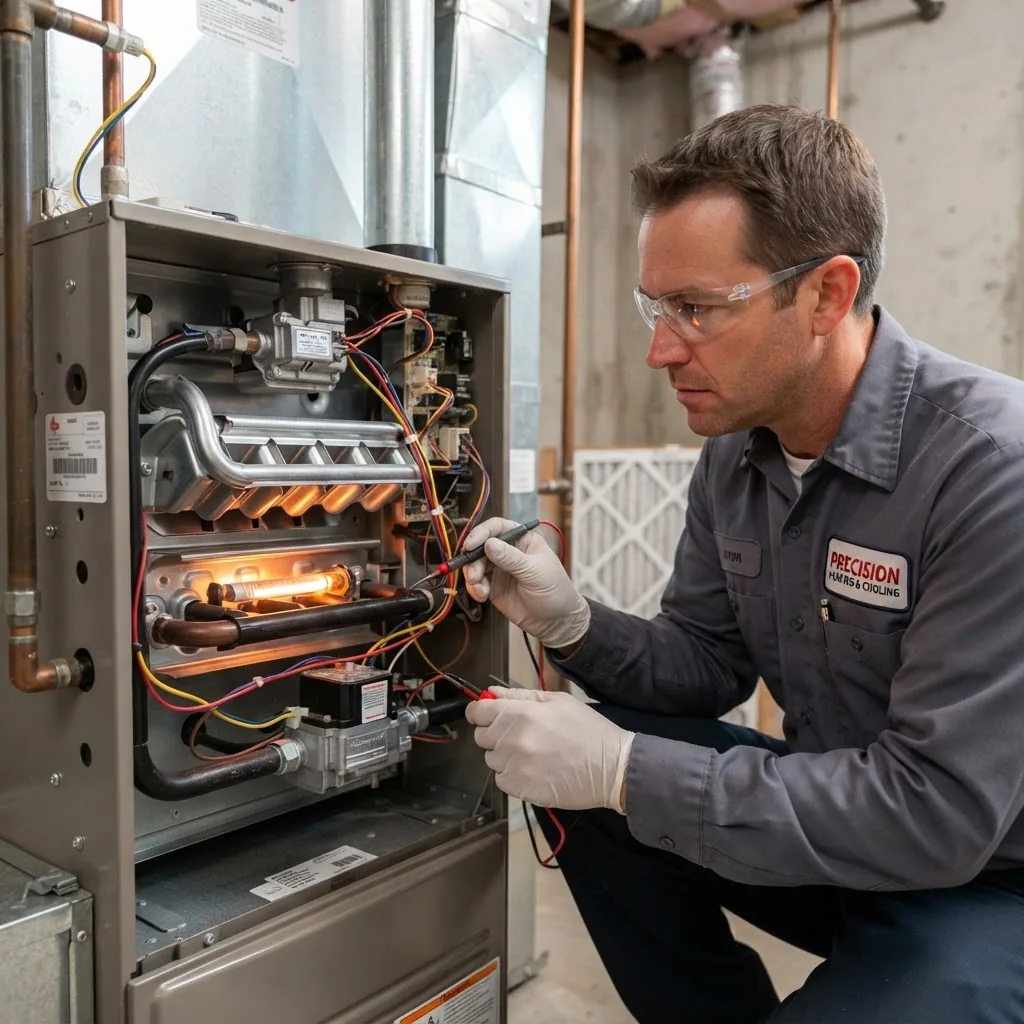 a professional HVAC technician inspecting a residential furnace unit indoors, showing detailed view of furnace components like igniter and