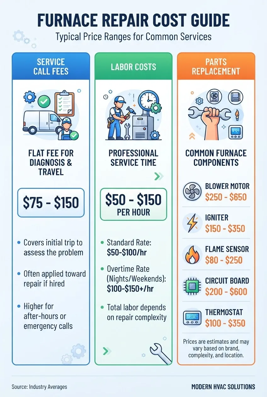 shows a three-column layout: (1) Service call fees with typical price ranges, (2) Labor costs including overtime rates, (3) Parts