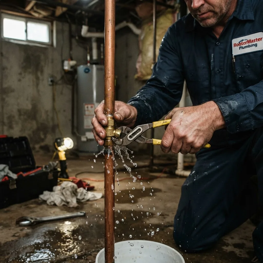 a professional plumber fixing a burst pipe in a residential basement, focused on the plumber’s hands using tools on a leaking copper pipe