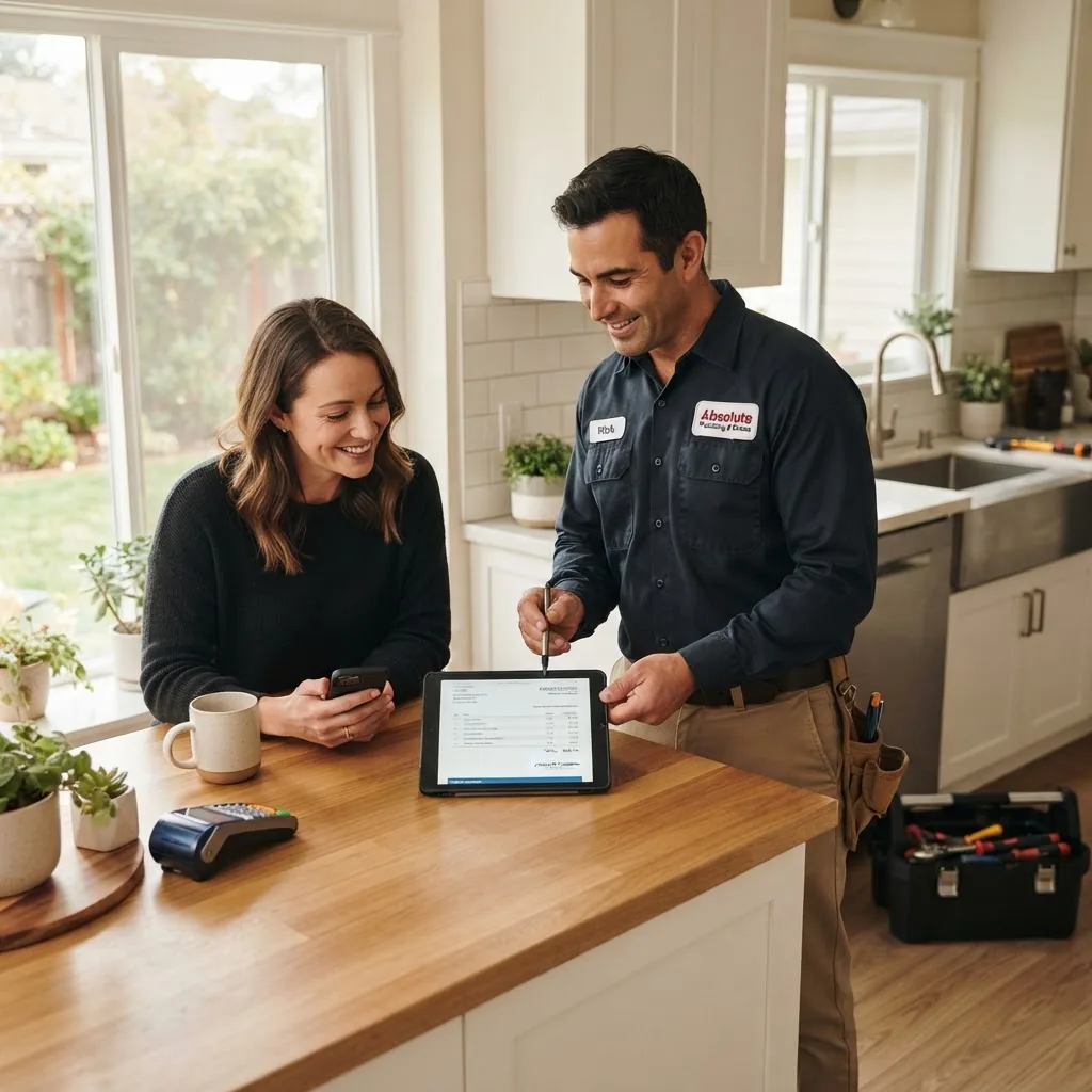 a friendly plumber discussing an invoice with a homeowner, showing a clean residential kitchen background, natural daylight, warm mood