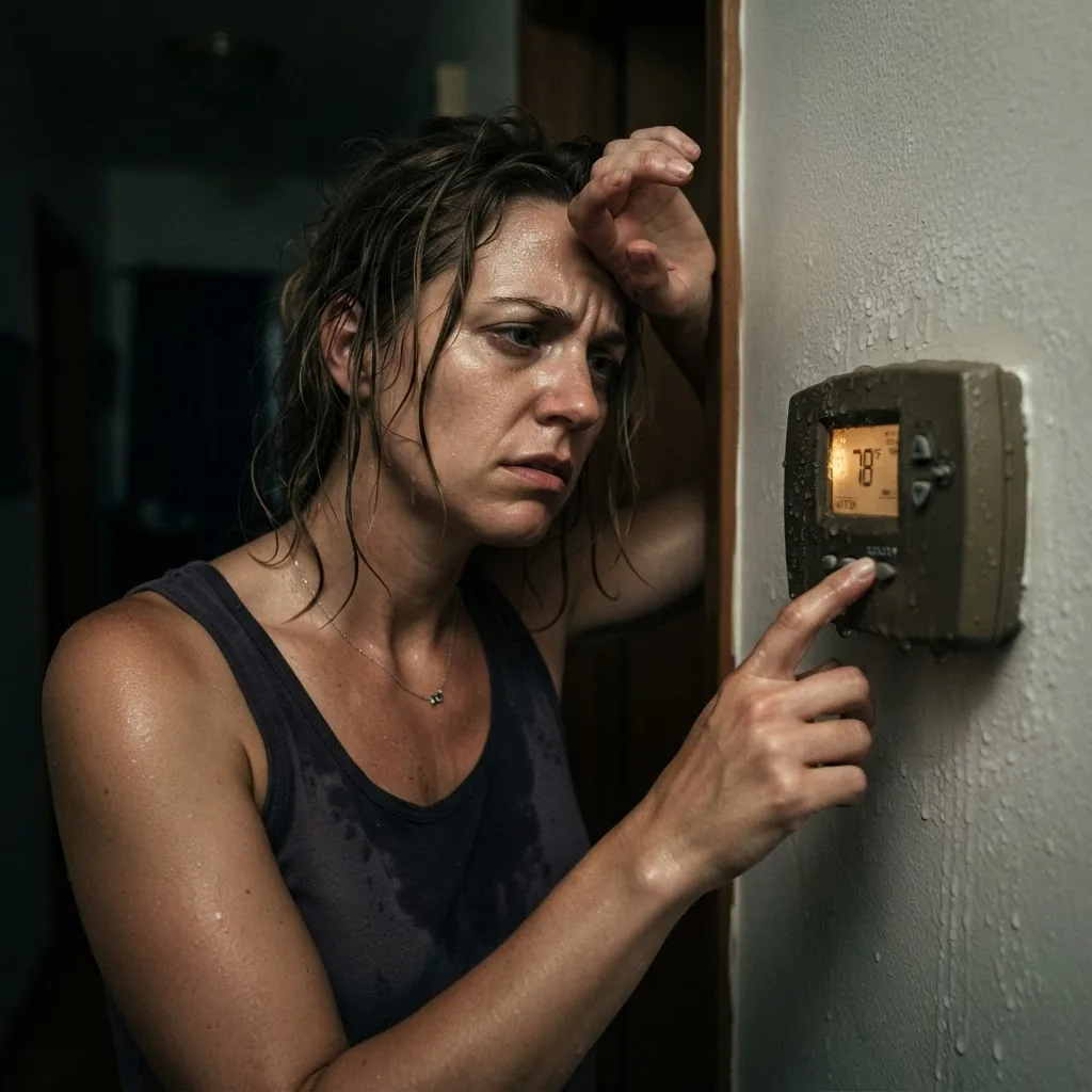 Close-up of a frustrated homeowner checking AC thermostat indoors at night with visible condensation on the unit, dim home lighting,