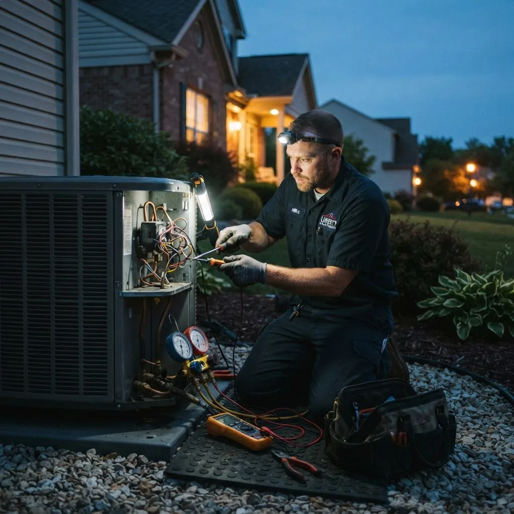 A professional HVAC technician in uniform making an emergency repair on a residential air conditioning unit outside a suburban home at