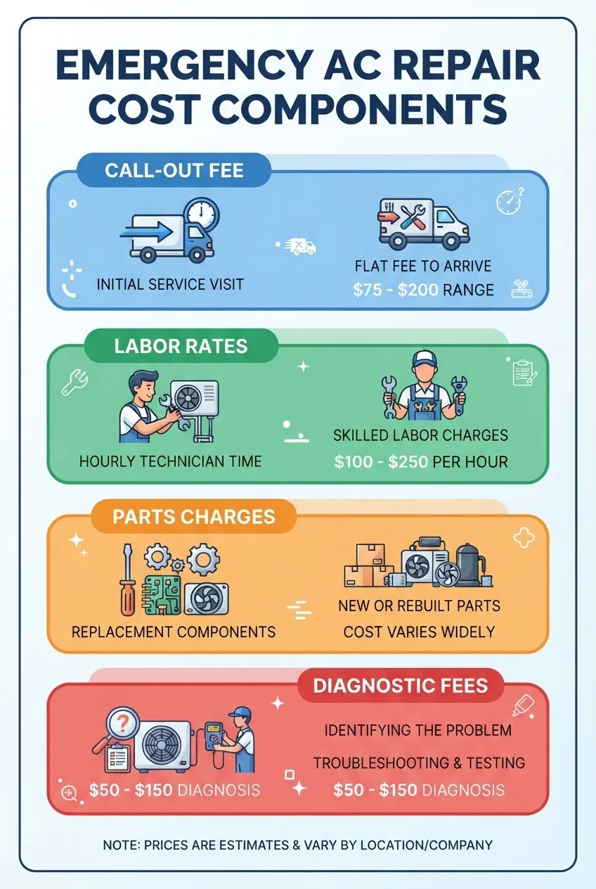 A clean, modern infographic divided into four sections illustrating emergency AC repair cost components: call-out fee, labor rates, parts