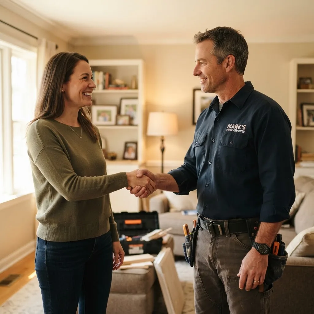 close-up of a homeowner and a handyman shaking hands inside a living room, signaling agreement; natural warm lighting, focus on friendly