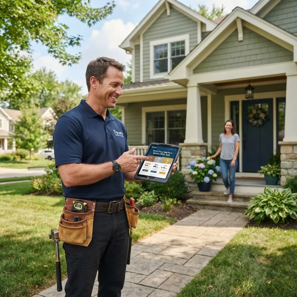 bright residential home exterior with a professional handyman wearing a tool belt, smiling, holding a tablet showing subscription packages