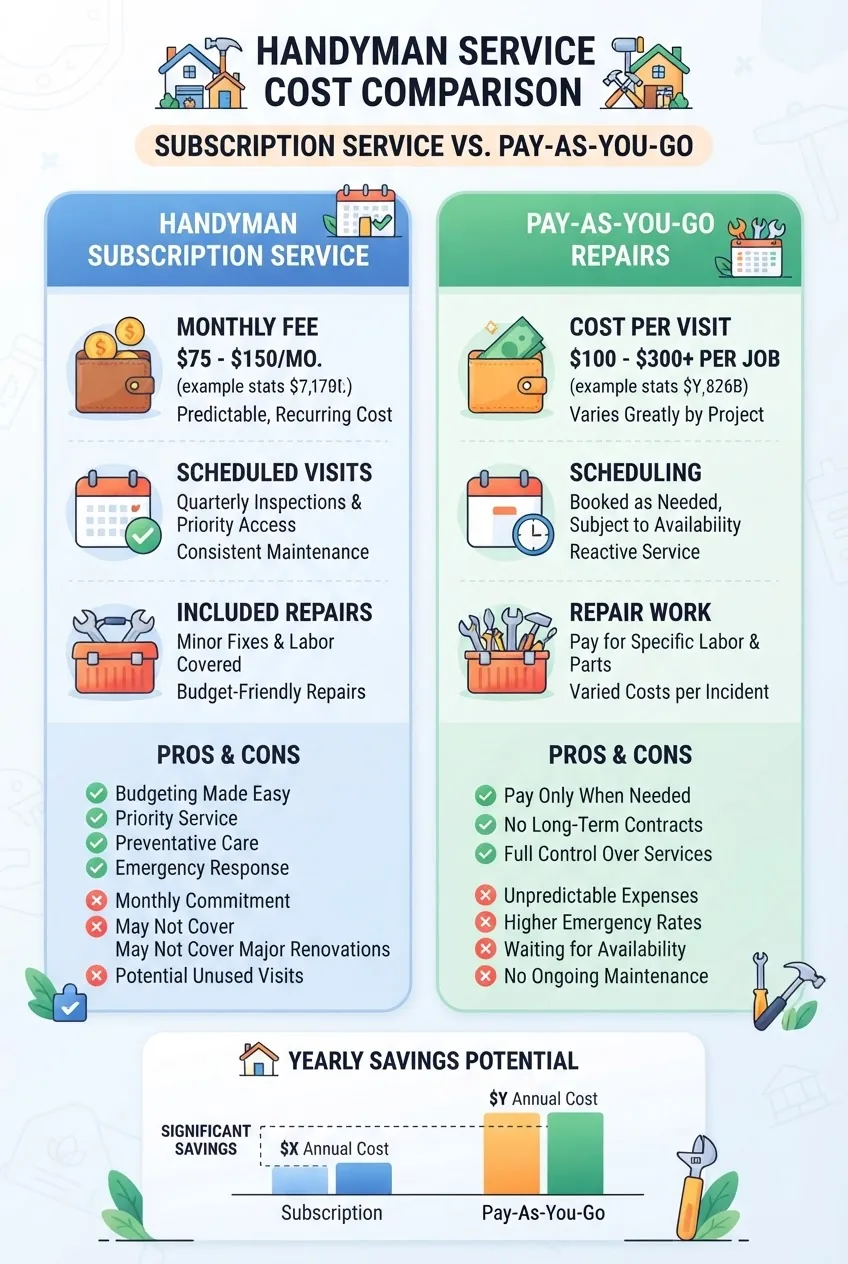 compares handyman subscription service and pay-as-you-go repair costs: two columns each with icons (wallet, calendar, toolbox), stats about