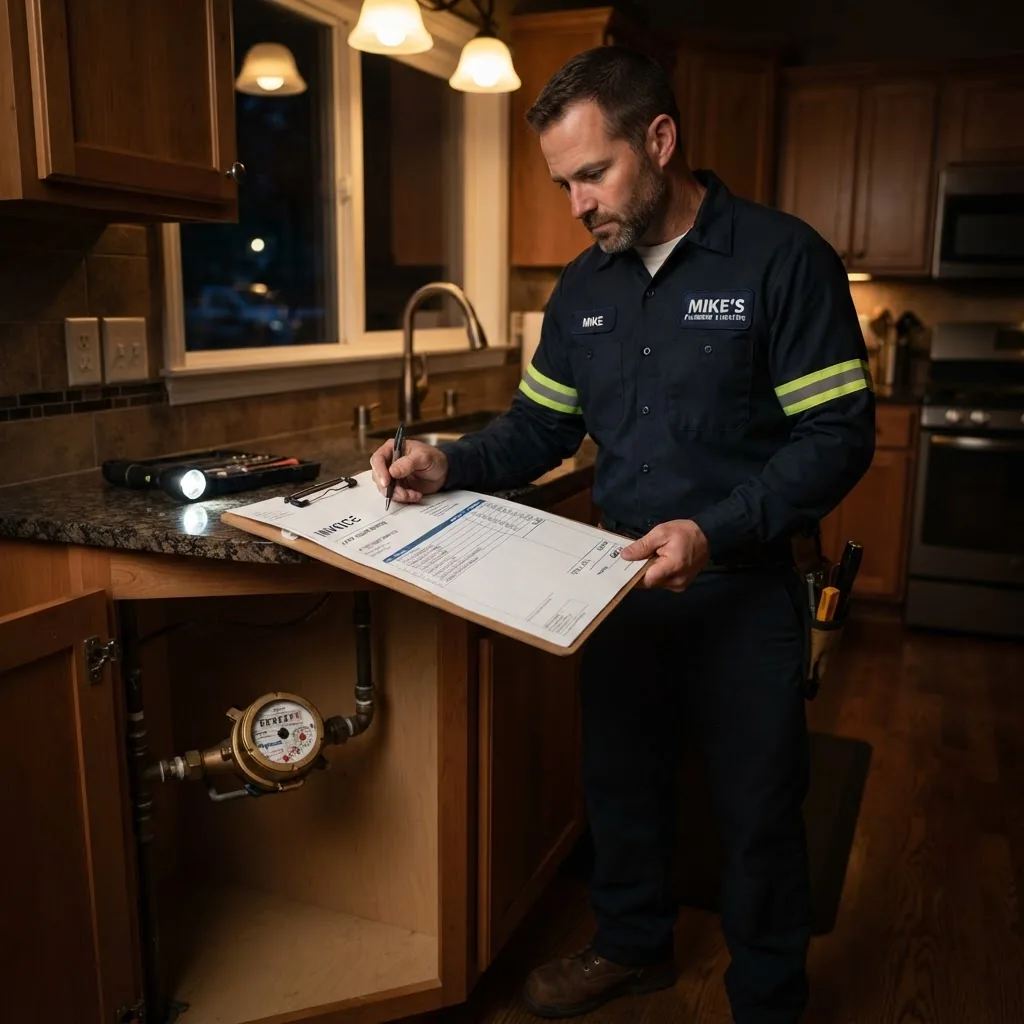 a professional plumber in uniform examining a water meter and paperwork with invoices on a kitchen countertop, illustrating cost evaluation