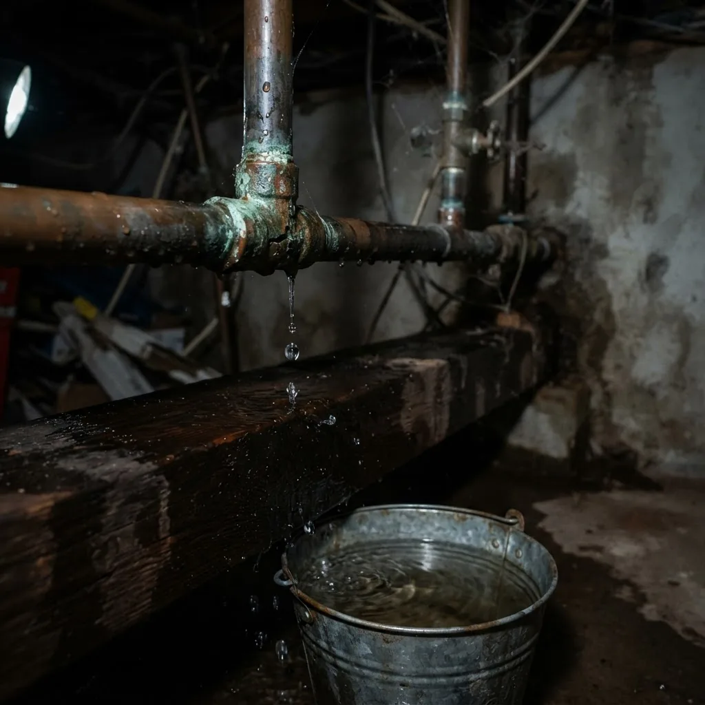 a leaking pipe with water dripping in a dimly lit basement, showing an emergency plumbing scenario at night with focus on damaged plumbing
