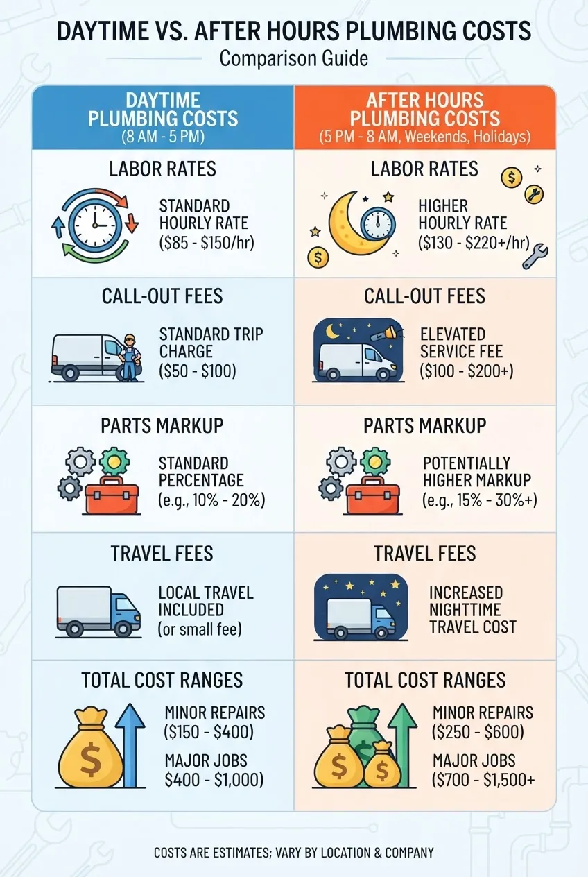 with a two-column comparison table: left side labeled “Daytime Plumbing Costs,” right side “After Hours Plumbing Costs.” Each side shows