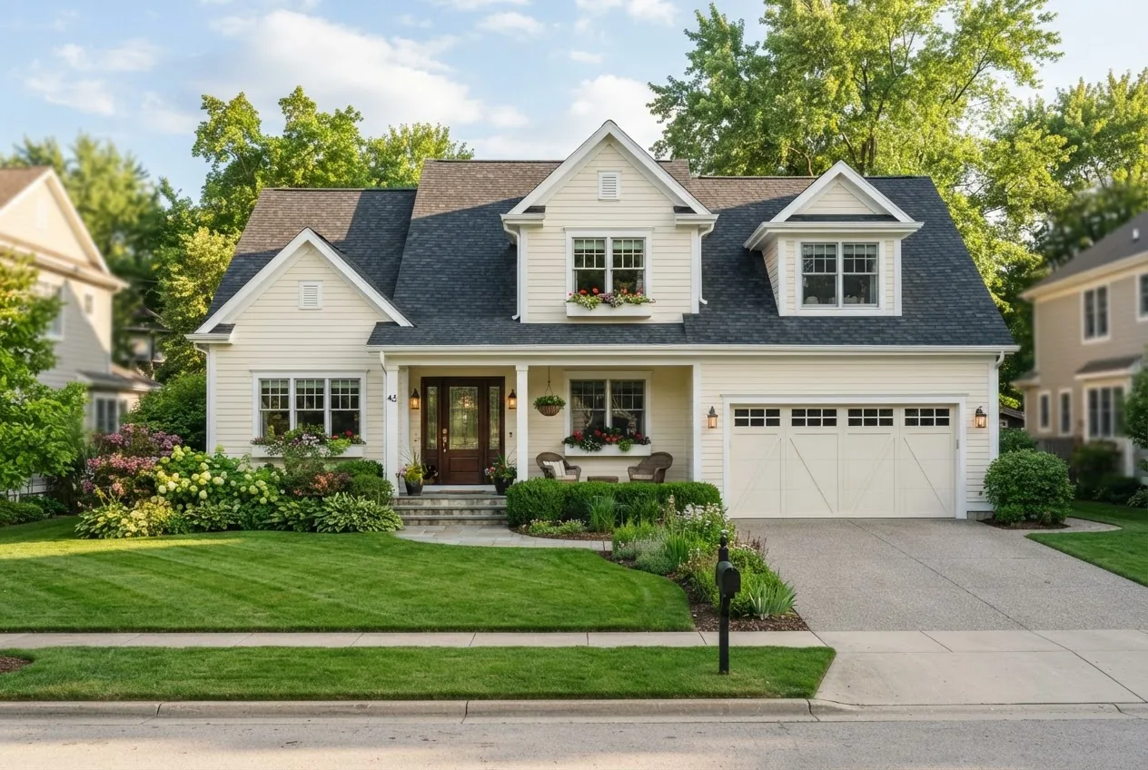 a well-maintained suburban house exterior in bright daylight, showing clean gutters, fresh paint, and manicured lawn, photographed at eye