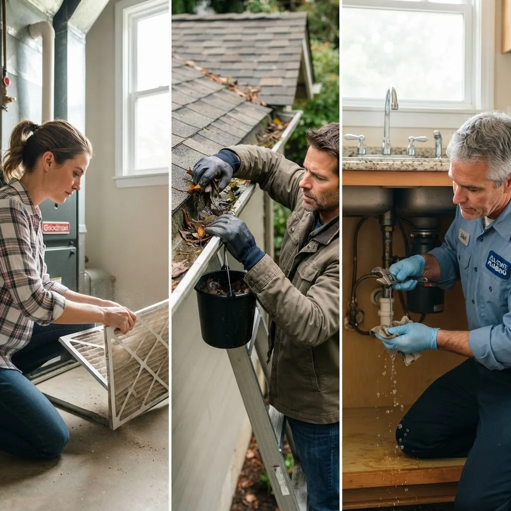 a homeowner checking an HVAC filter, cleaning gutters with gloves in bright daylight, and a professional repairing a leaky faucet —
