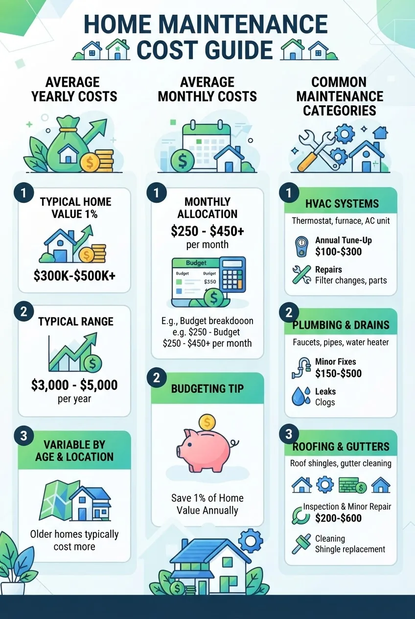 with three columns: average yearly costs, average monthly costs, and common maintenance categories (e.g., HVAC, plumbing, roofing). Each