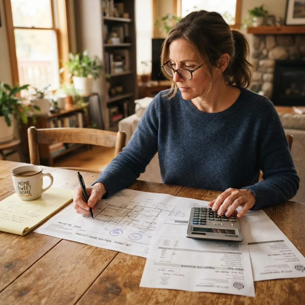 Close-up of a homeowner using a calculator and reviewing building permit fee invoices and construction planning documents, wooden table