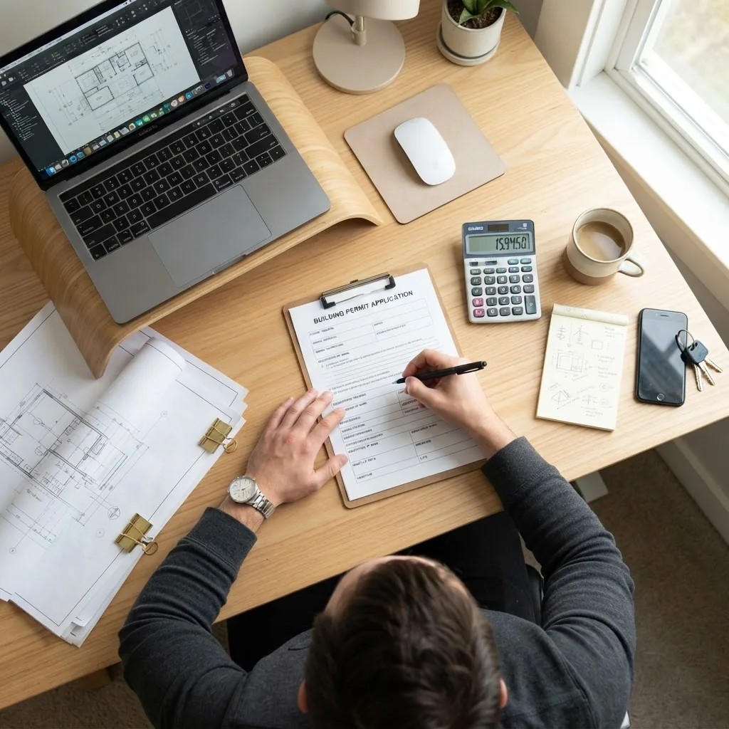 a person sitting at a clean desk filling out a building permit application form with a laptop, blueprints, and a calculator visible, bright