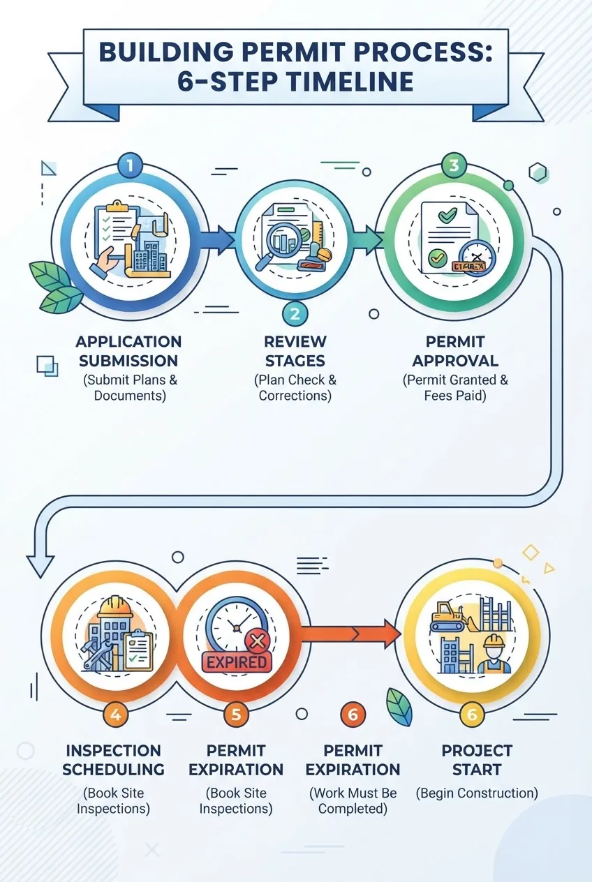 illustrates a 6-step timeline of the building permit process from application submission, review stages, approval, inspection scheduling,
