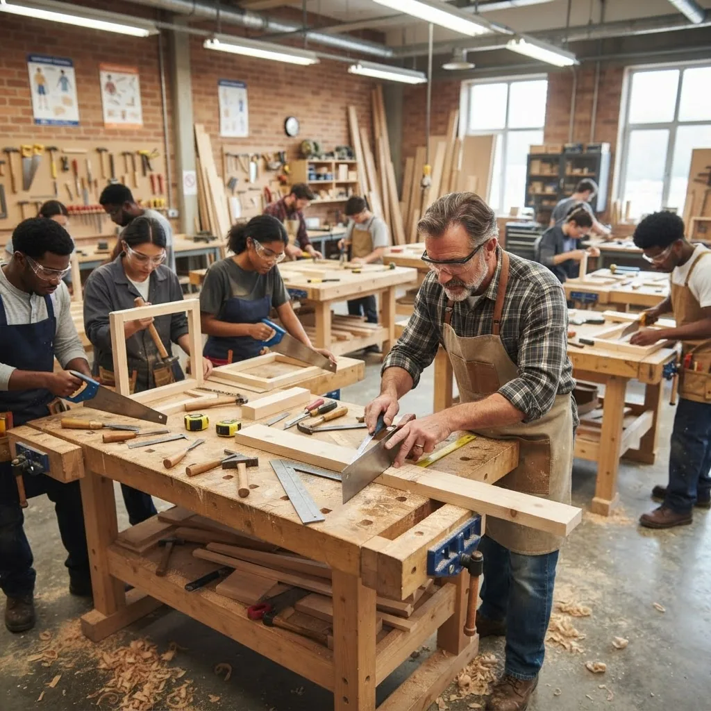 A classroom setting with students practicing carpentry skills using wooden planks and tools, instructor demonstrating certification exam