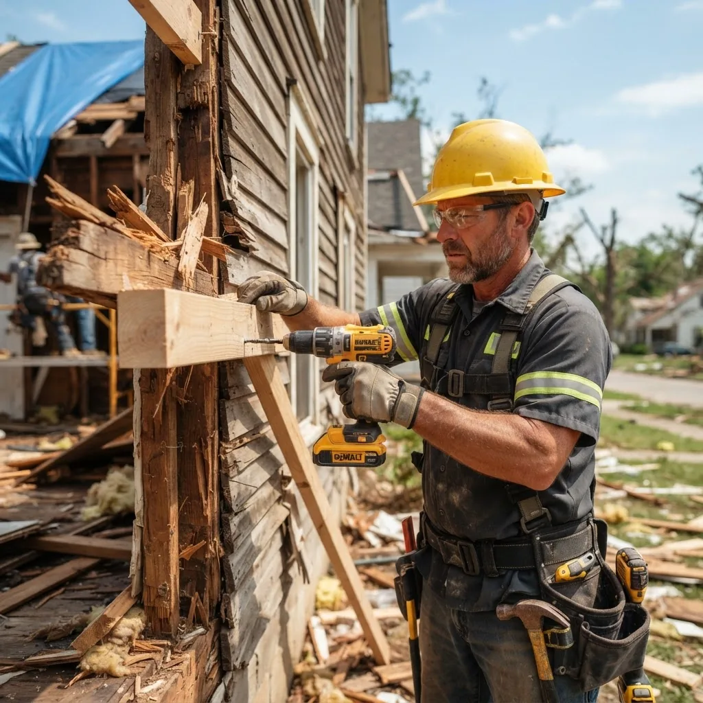 A construction worker in safety gear performing emergency carpentry repairs on a damaged wooden house structure after a storm, sunny