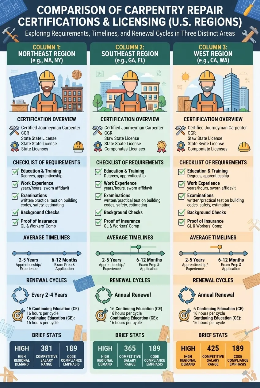 Infographic comparing major carpentry repair certifications and licensing requirements across three U.S. regions; includes icons for each