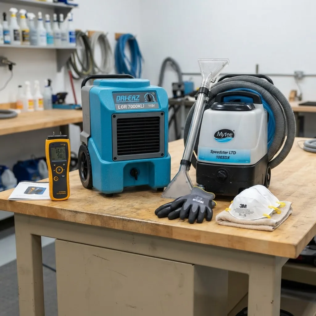 selection of carpet water repair tools laid out neatly on a table including a moisture meter, dehumidifier, water extractor, safety gloves,