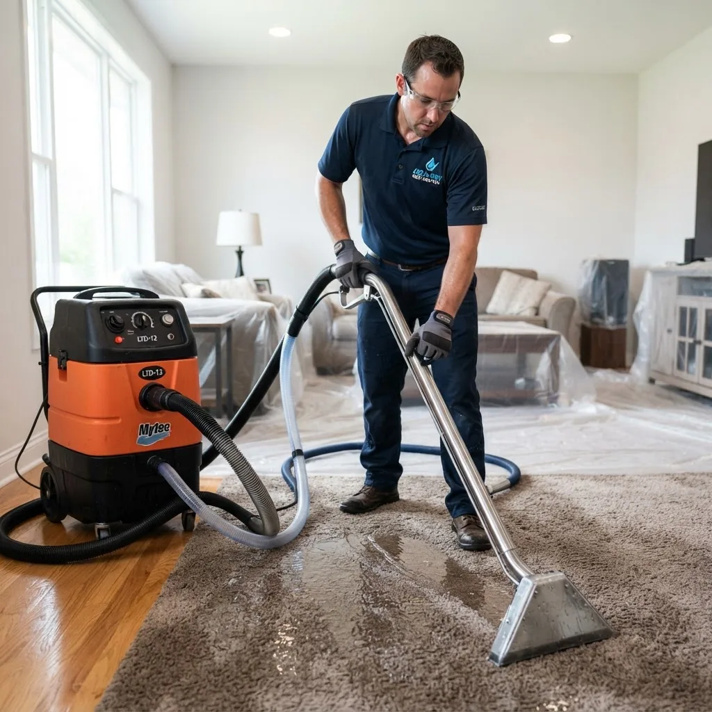 professional technician using a heavy-duty water extraction machine on a soaked carpet indoors, bright lighting, focused angle showing the