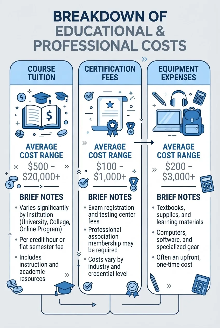 A visually clear infographic with three vertical columns showing cost categories: course tuition, certification fees, and equipment