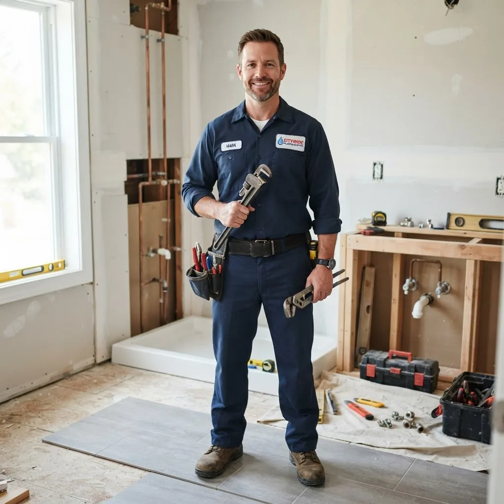 A professional plumber wearing a uniform with a badge standing confidently in a residential bathroom under construction holding plumbing