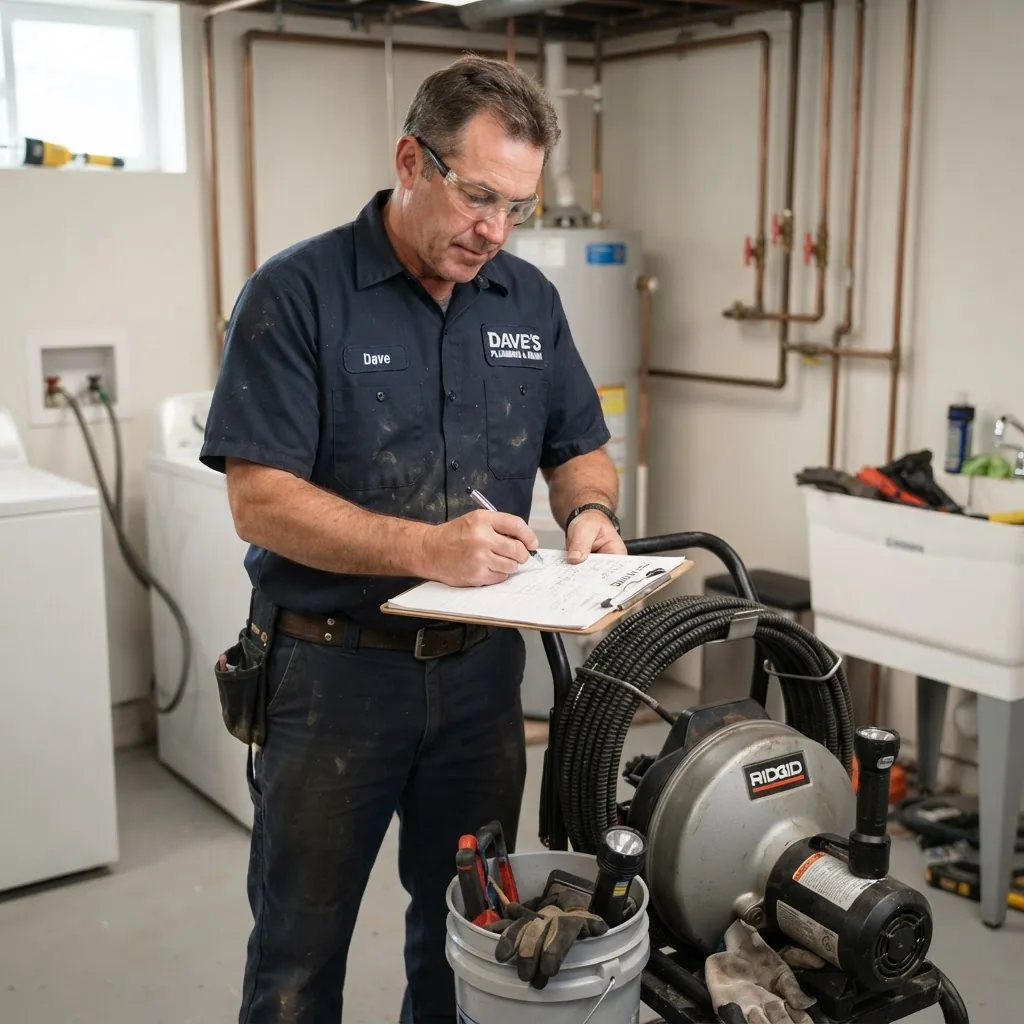 a plumber writing an estimate on a clipboard next to drain cleaning equipment, indoor work setting, bright lighting, professional atmosphere