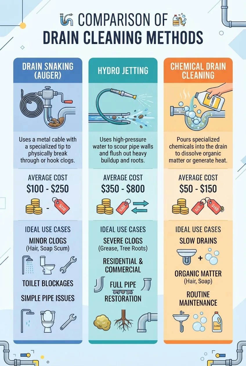 shows a 3-column layout comparing drain snaking, hydro jetting, and chemical drain cleaning: each column includes a tool icon, method