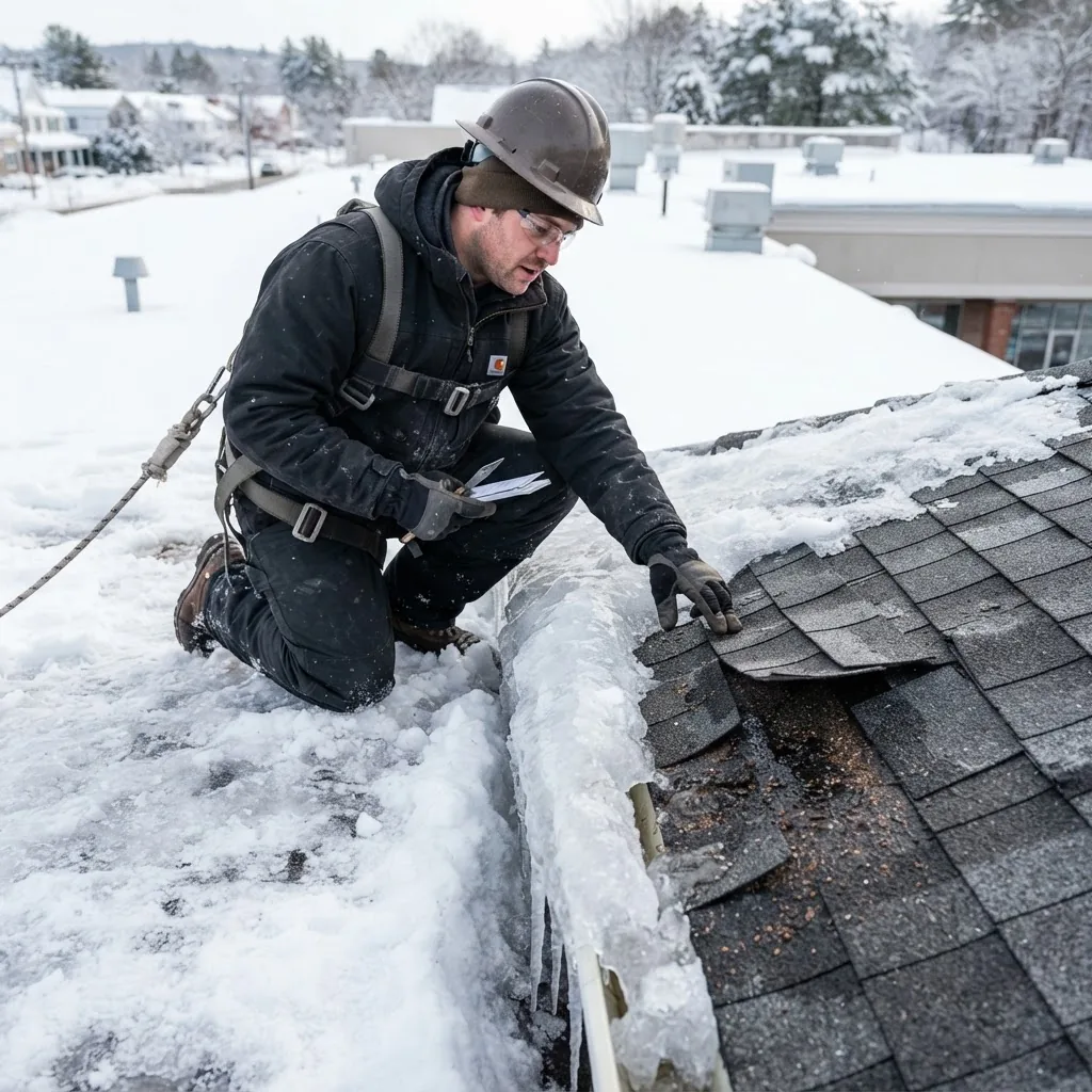 Close-up photo of a commercial building roof covered in snow and ice, showing damage such as ice dams and shingle lifting, with a