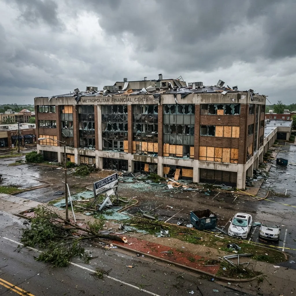 A wide-angle daytime photo of a large commercial building showing visible storm damage including broken windows, debris, and minor roof