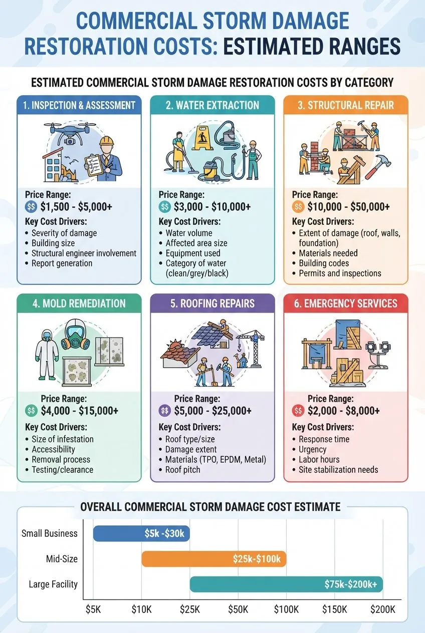 A clean, professional infographic summarizing commercial storm damage restoration costs by category: inspection, water extraction,