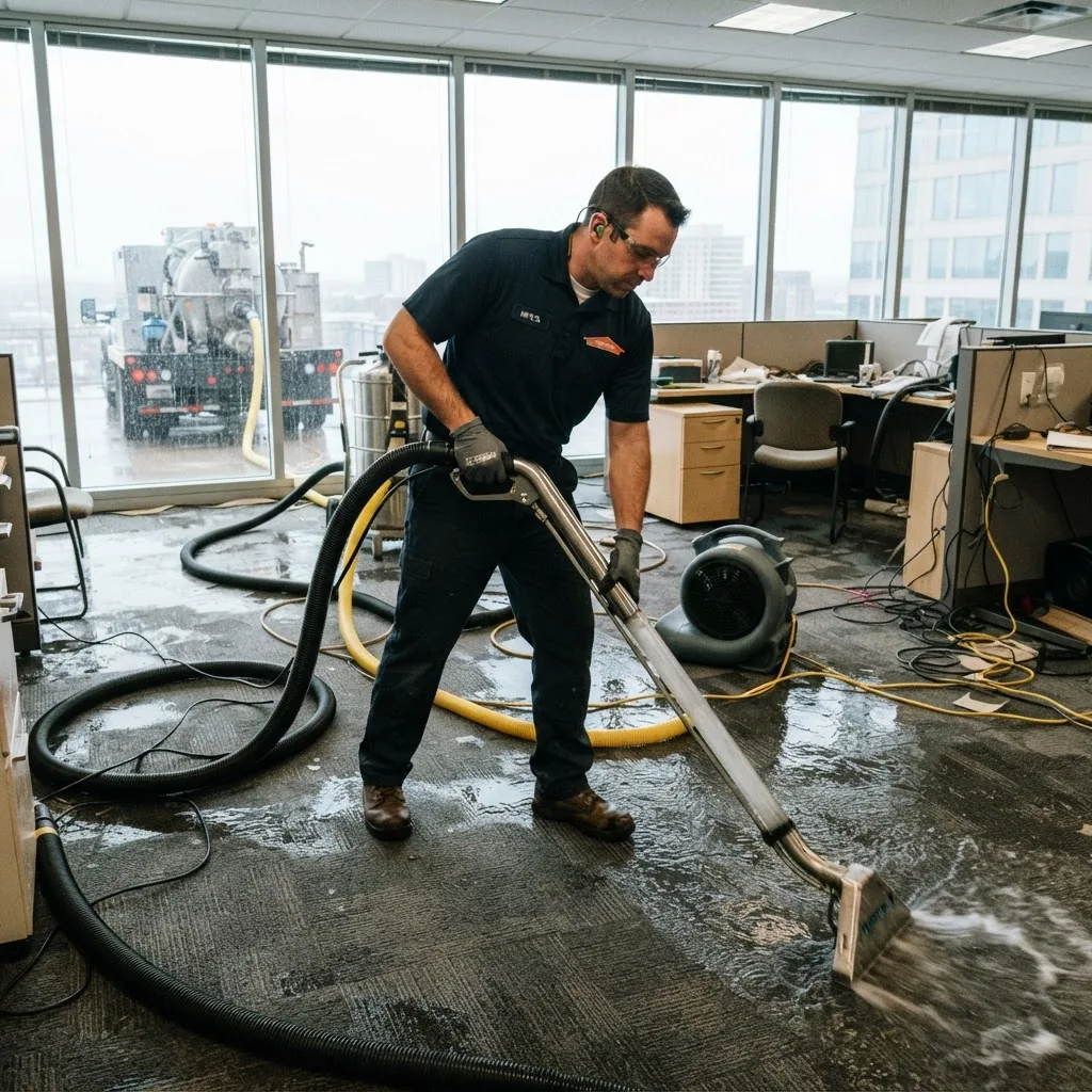 A commercial restoration technician using high-power industrial water extraction equipment to remove water from a flooded office building