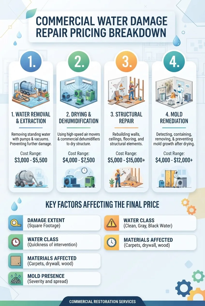a detailed pricing breakdown for commercial water damage repair split into components: water removal, drying, structural repair, mold