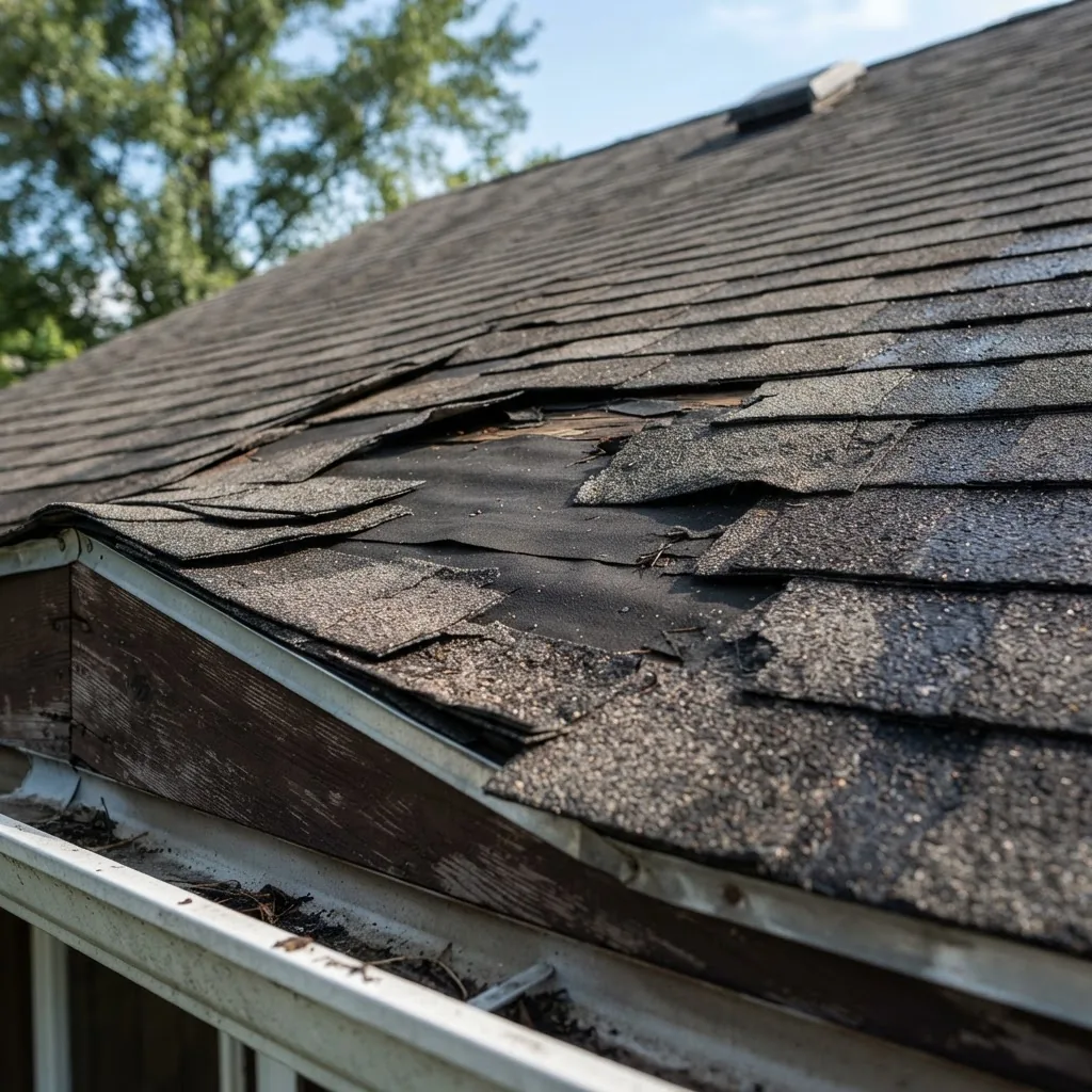 A close-up daytime photo of a residential roof showing damaged and missing shingles with surrounding intact shingles, angled from below the