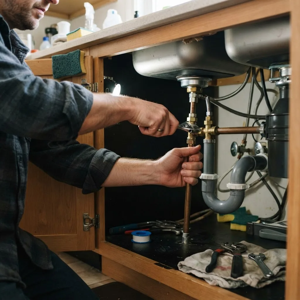 A well-lit interior scene of a homeowner using basic plumbing tools under a kitchen sink, focusing on hands working on exposed pipes