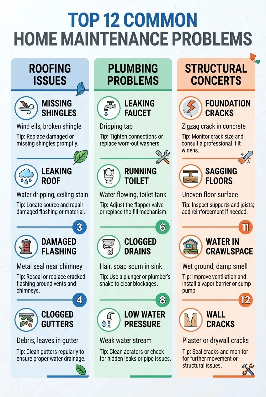 shows a categorized list of the top 12 common home maintenance problems arranged in three columns: Roofing, Plumbing, Structural; each