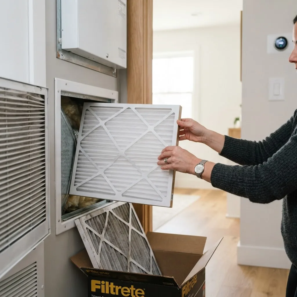 Interior shot of a homeowner inspecting and replacing an HVAC air filter in a bright, modern home, natural daylight, focused angle showing