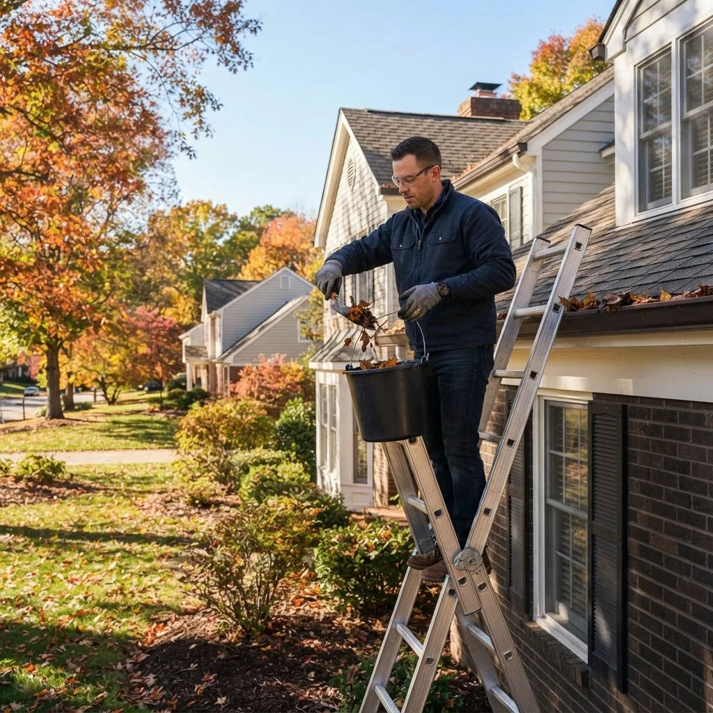 Outdoor image of a professional or homeowner cleaning gutters on a two-story suburban house, late morning lighting, clear sky, with autumn
