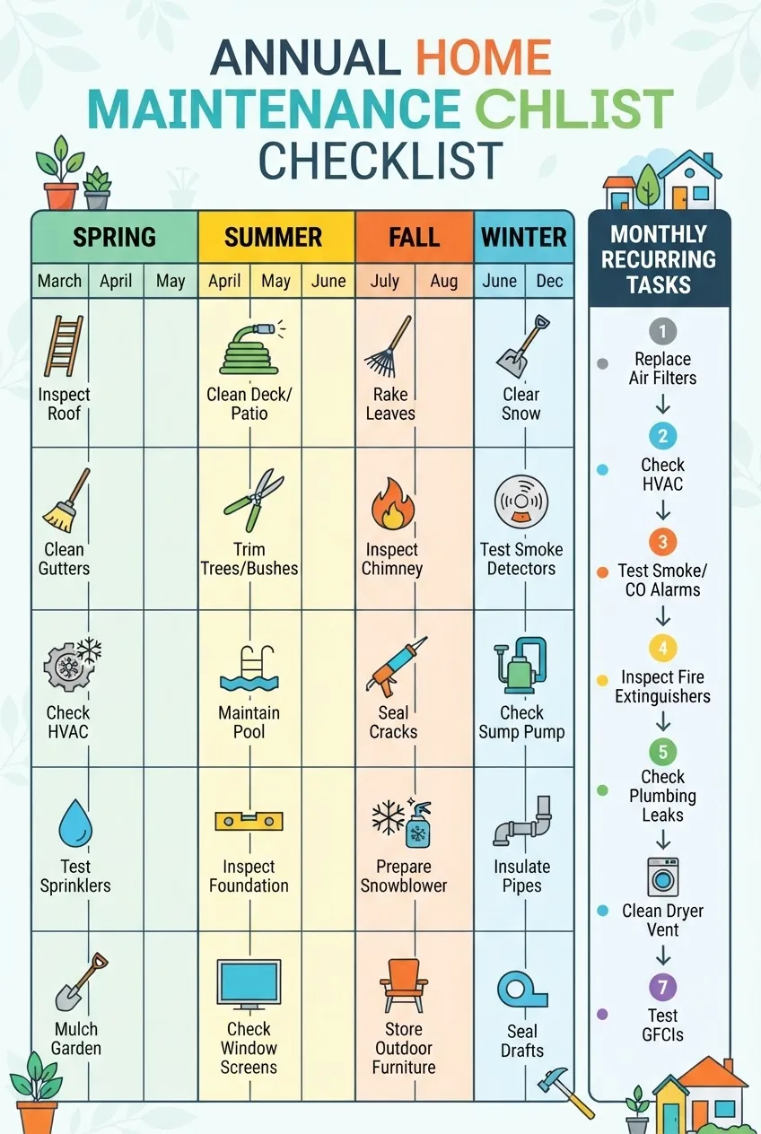 shows a four-column table labeled by season (Spring, Summer, Fall, Winter) with rows of key maintenance tasks for each month, each task