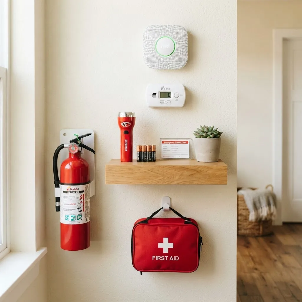 A well-lit household corner displaying key emergency items: a neatly organized first aid kit, fire extinguisher, smoke detector mounted on