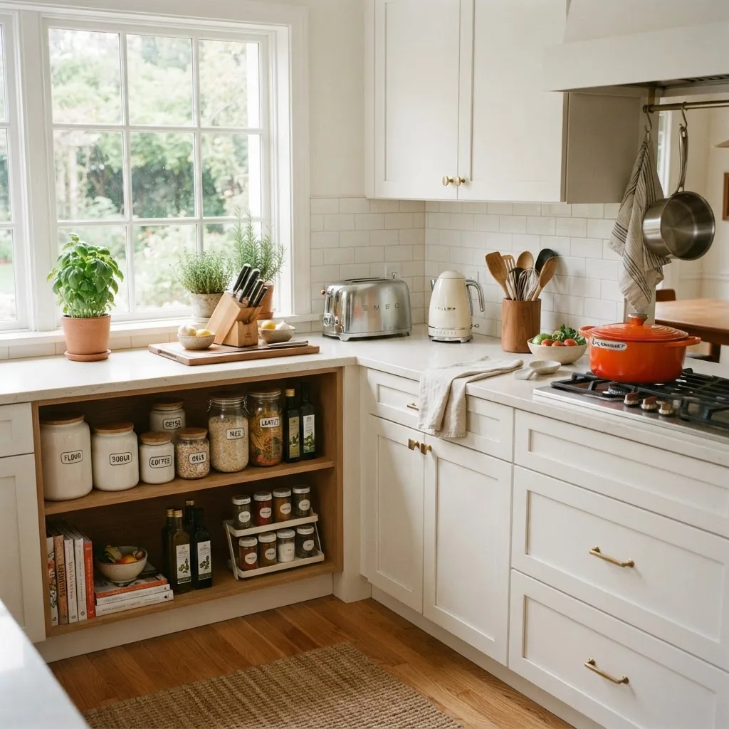 A bright, modern kitchen scene showing common essential items neatly arranged on counters and shelves, such as basic cookware, utensils,