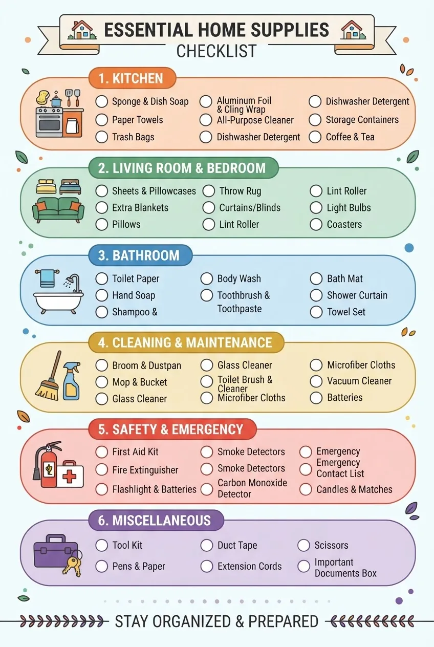 A vertical checklist infographic divided by room categories: Kitchen, Living Room & Bedroom, Bathroom, Cleaning & Maintenance, Safety &