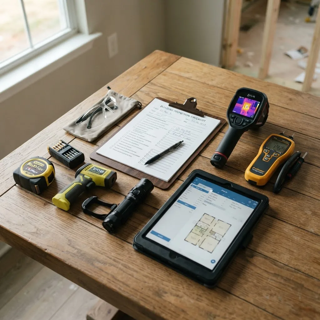 High-resolution image of various building inspection tools laid out on a wooden table including moisture meter, thermal camera, flashlight,