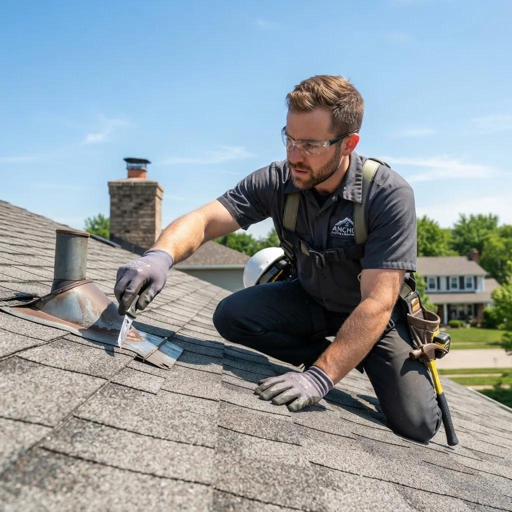 Close-up photo of a building maintenance professional inspecting a residential roof with tools, bright daylight, clear sky background,